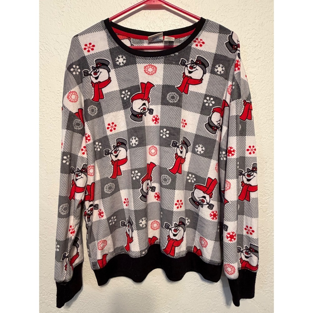 Frosty the Snowman Pajama Top Large Grey Plaid Holiday Fleece Long Sleeve Shirt